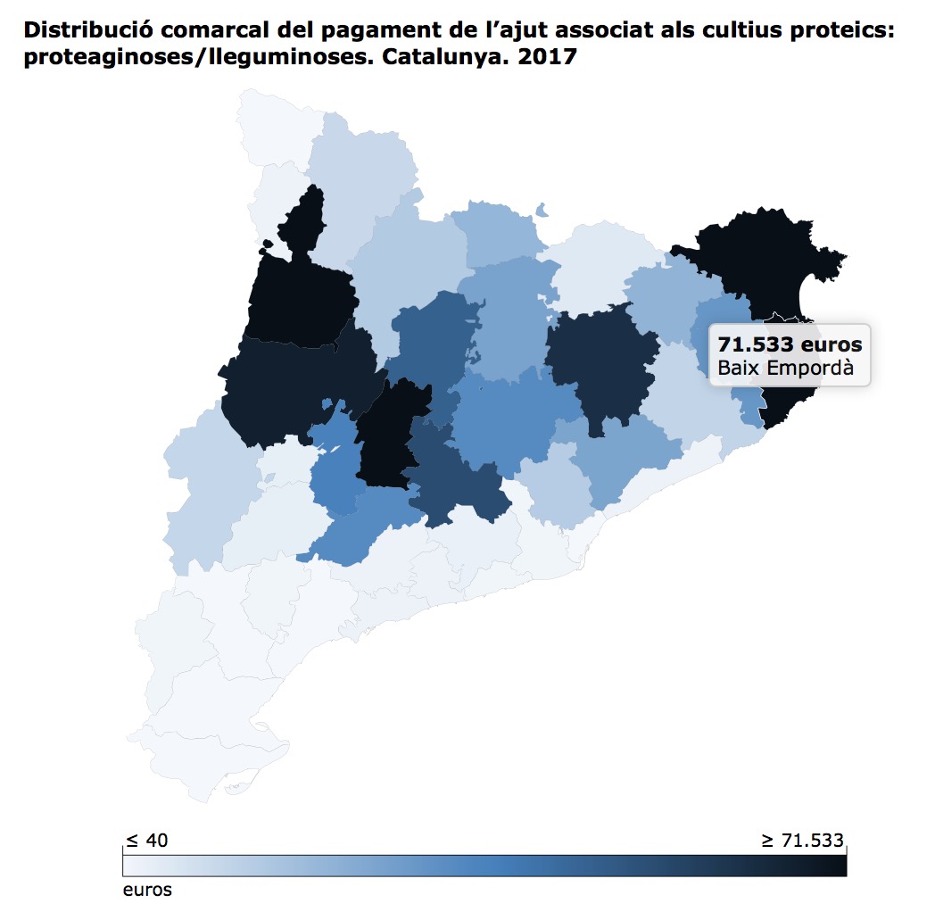 Distribució comarcal del pagament de l’ajut associat als cultius proteics: proteaginoses/lleguminoses. Catalunya. 2017 Font: <a href="http://agricultura.gencat.cat/ca/ambits/desenvolupament-rural/declaracio-unica-agraria/">DARP - DUN.</a> Fet amb<a href="http://www.idescat.cat/dev/visual/"> Idescat Visual</a>.