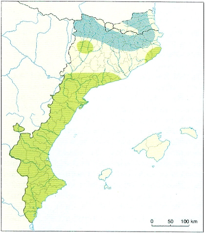 Àrea de distribució de la serp de ferradura (C. hippocrepis, en verd) als Països Catalans.