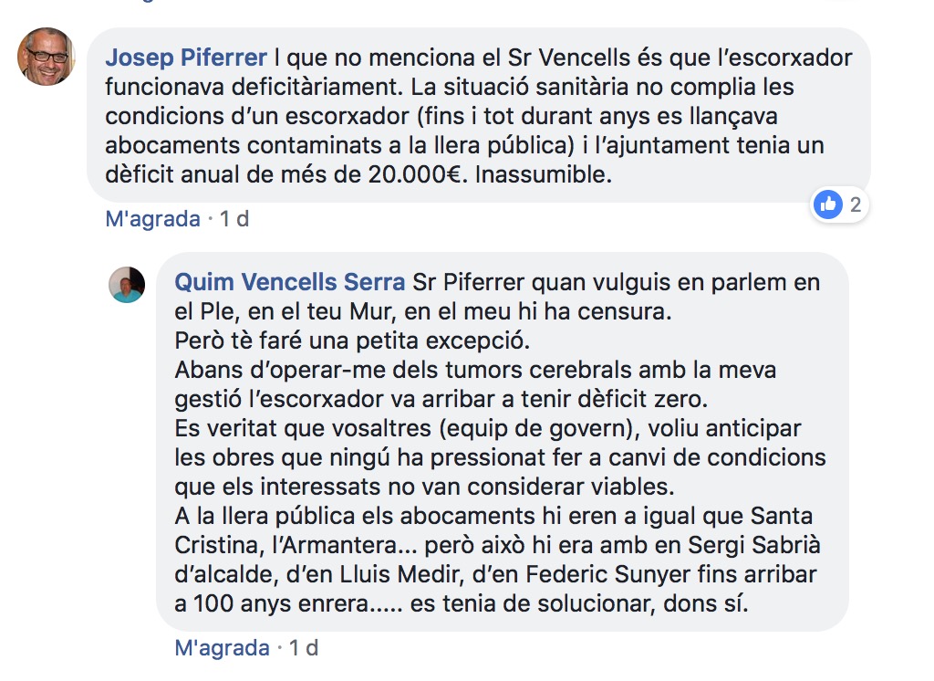 Captura de pantalla del comentari de Josep Piferrer i Quim Vencells
