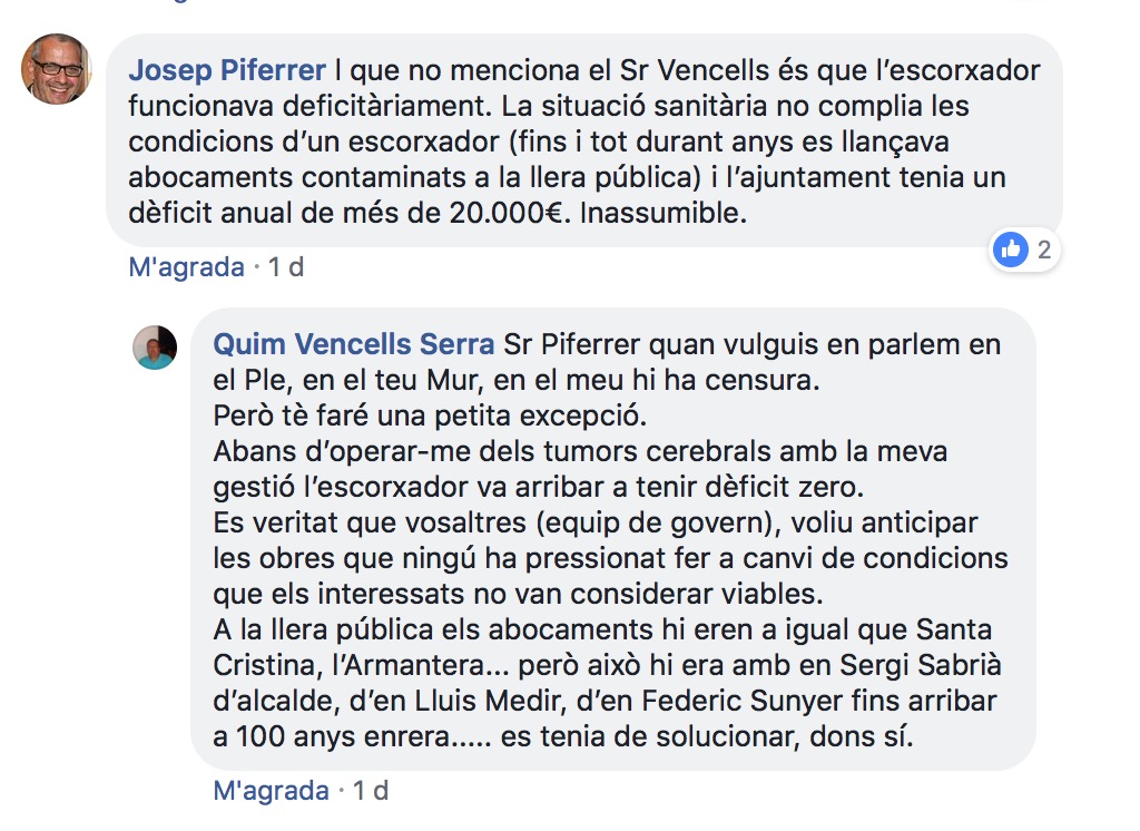 Captura de pantalla del comentari de Josep Piferrer i Quim Vencells 