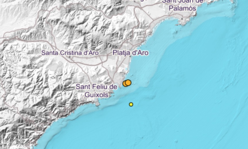 Mapa on es localitzen els terratrèmols d'aquest dimecres a Platja d'Aro i Sant Feliu | Imatge del Ministeri de Foment