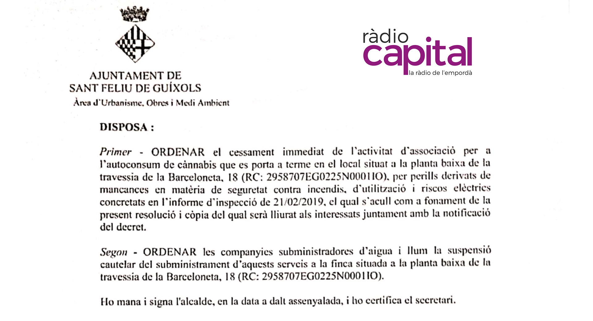 Fragment del decret d'alcaldia firmat per Carles Motas, alcalde de Sant Feliu de Guíxols en referència al local de fumadors de marihuana