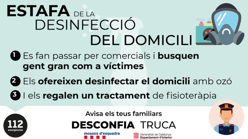 Cartell de la campanya d'avís per part de les autoritats locals de Begur sobre una possible estafa de desinfecció domiciliària