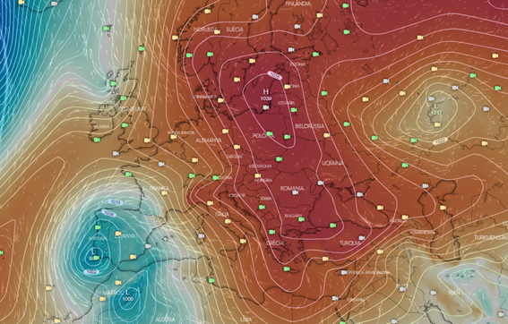 ECMWF sortida 12h 08/03/2022 Camp pressió en superfície pel dilluns 14/03/2022 16h. Font: windy.com