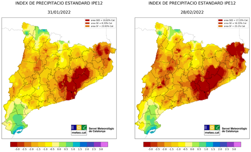 Índex de Precipitaicó Estàndard (IPE) referit als 12 mesos anteriors a gener 2022 (esquerra) i febrer 2022 (dreta). Font: Servei Meteorològic de Catalunya.