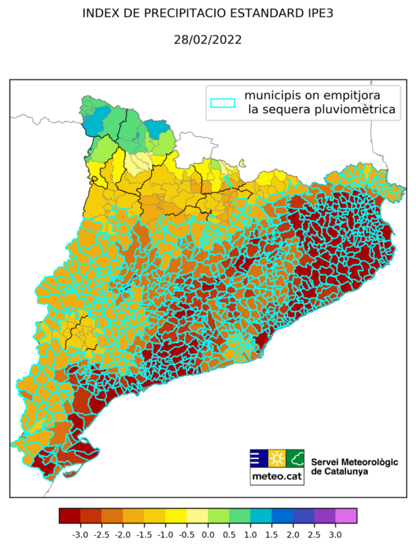 Índex de Precipitació Estàndard (IPE) referit als 3 mesos anteriors. Font: Servei Meteorològic de Catalunya