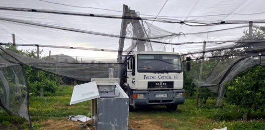 El camió robat enmig del camp de pomeres de Torroella i el caixer automàtic desmuntat a peces que els lladres han abandonat a la parcel·la - Cedida a l'ACN