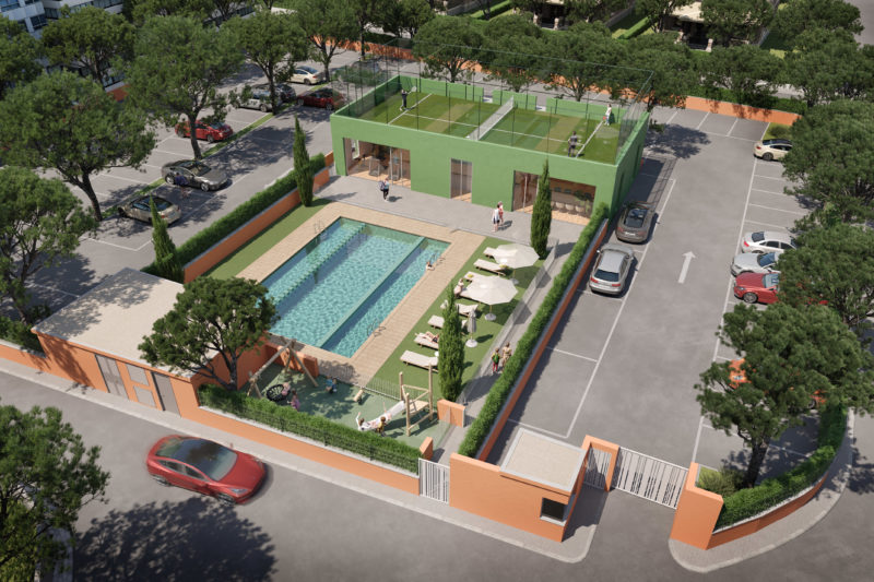 Recreació del club del complex que Kronos Homes construeix a Platja d'Aro, amb la pista de pàdel i les piscines - Cedida per Kronos Homes via ACN