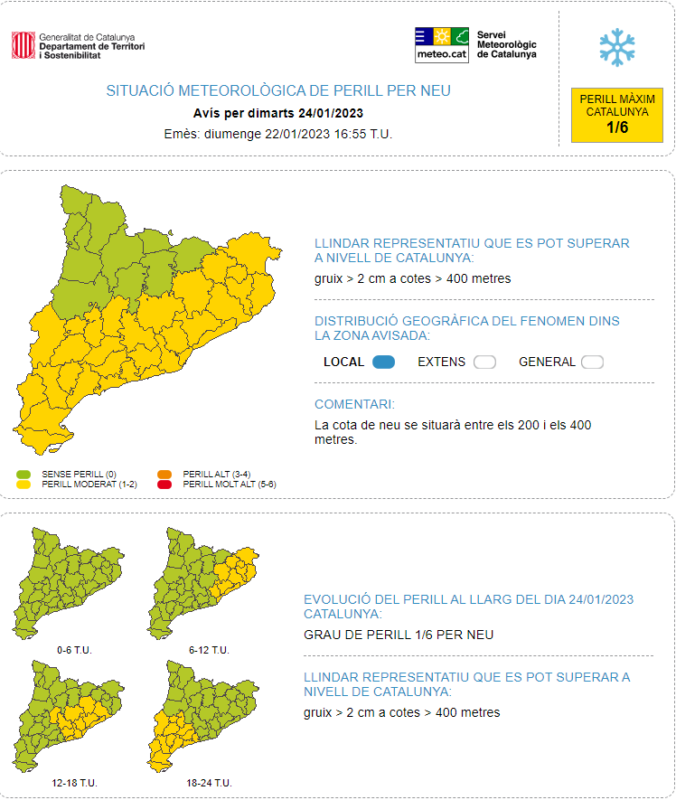 Avís de Situació Meteorològica de Perill per neu a 400 m. Emès el 22-01-2023 amb validesa pel 24-01-2023.