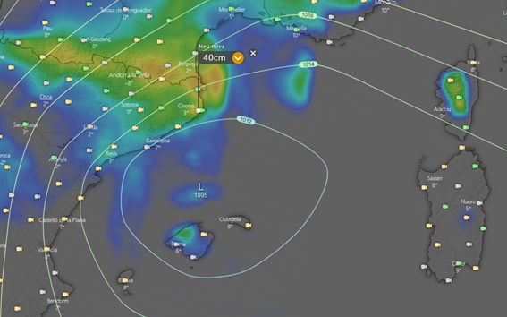 Ubicació de la baixa mediterrania pel dia 28-03-2023 al matí. Sortida model ECMWF 12h 23-02-2023. Font: www.windy.com