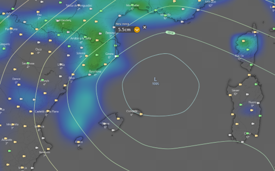 Ubicació de la baixa mediterrània pel dia 28-03-2023 al matí i pronòstic de neu acumulada. Sortida model GFS 0h 24-02-2023. Font: www.windy.com