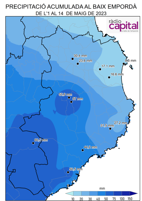Pluja acumulada de l'1 al 14 de maig de 2023 a les estacions de la XEMA i XOM del Baix Empordà que gestiona el Servei Meteorològic de Catalunya. 