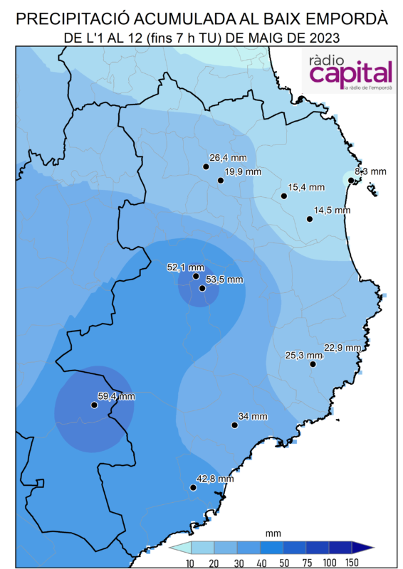 Pluja acumulada de l'1 al 12 de maig (fins les 9h) a les estacions de la XEMA i XOM del Baix Empordà que gestiona el Servei Meteorològic de Catalunya. 