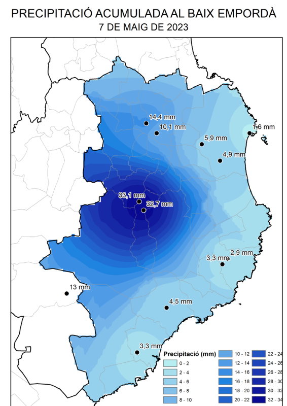 Pluja acumulada al Baix Empordà el dia 07-05-2023. Font: Estacions XEMA i XOM del Servei Meteorològic de Catalunya