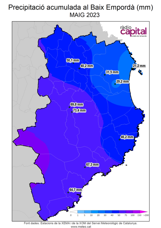 Interpolació pel mètode IDW de la precipitació acumulada al Baix Empordà el maig de 2023. Font dades: XEMA i XOM del Servei Meteorològic de Catalunya.